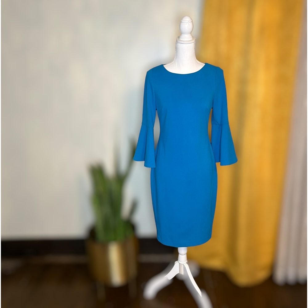Turquoise Calvin Klein Dress with Ruffled Sleeves